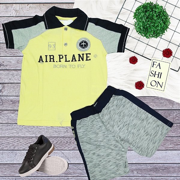 Conjunto Menino Shorts e camiseta polo Air Plane Tamanho 03 ao 8