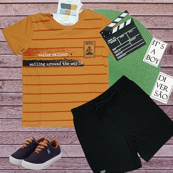 Conjunto Menino shorts e camiseta sailing around the world Tamanho 02 ao 8
