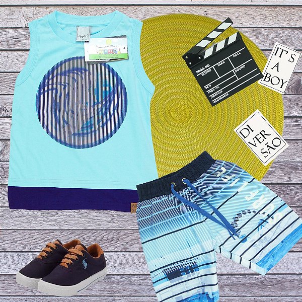 Conjunto Menino Shorts e camiseta regata Surf Azul - Tamanho 2 ao 8