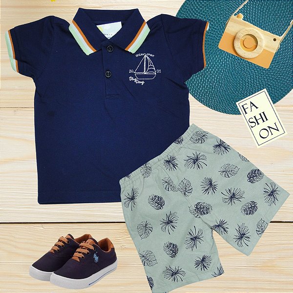 Conjunto Menino shorts e camiseta polo Ocean Tamanho 1 ao 8