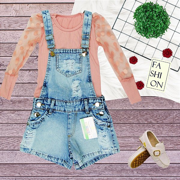 JARDINEIRA MENINA DE SHORTS DESTROYED - TAMANHO 2 AO 8