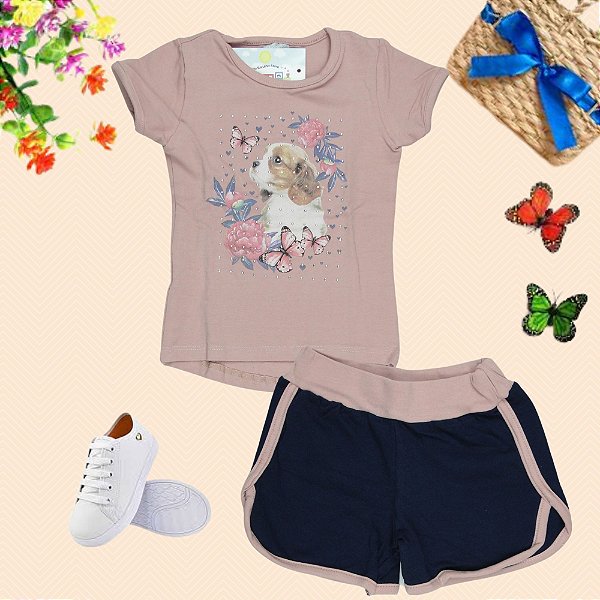 Conjunto Menina shorts e camiseta Cachorrinho com strass  - Tamanho 2 ao 8