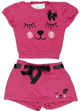 CONJUNTO MENINA LINDINHA SHORTS SAIA COM BLUSINHA DE CARINHA ROSA ESCURO - TAMANHO 2 À 8