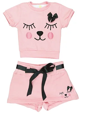 CONJUNTO MENINA LINDINHA SHORTS SAIA COM BLUSINHA DE CARINHA  ROSA CLARO - TAMANHO 2 À 8