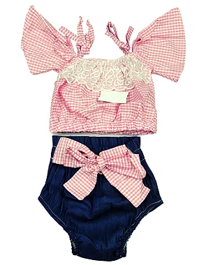 CONJUNTO LINDINHA ROSA COM BABADO E LAÇOS -TAMANHOS 2 AO 6