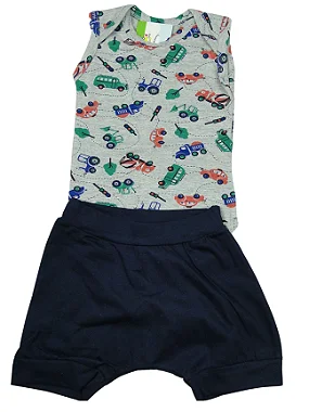 CONJUNTO FRESCOR BODY SEM MANGA ESTAMPA CARRINHO E SHORTS SARUEL AZUL ESCURO TAMANHO P AO GG