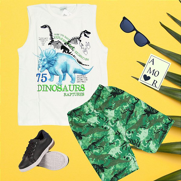 Conjunto menino shorts e camiseta regata 75 dinosaururs - Tamanho 2 ao 8