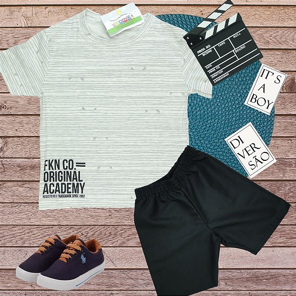 Conjunto Menino Shorts e camiseta listra mescla Original Academy - Tamanho 2 ao 8
