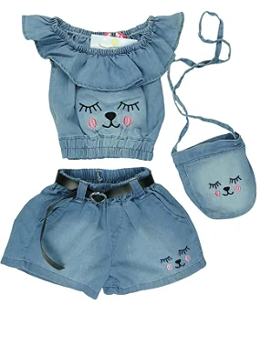 CONJUNTO MENINA JEANS LINDINHA BLUSINHA OMBRO DE CIGANINHA ACOMPANHA BOLSINHA - TAMANHO 3 À 8
