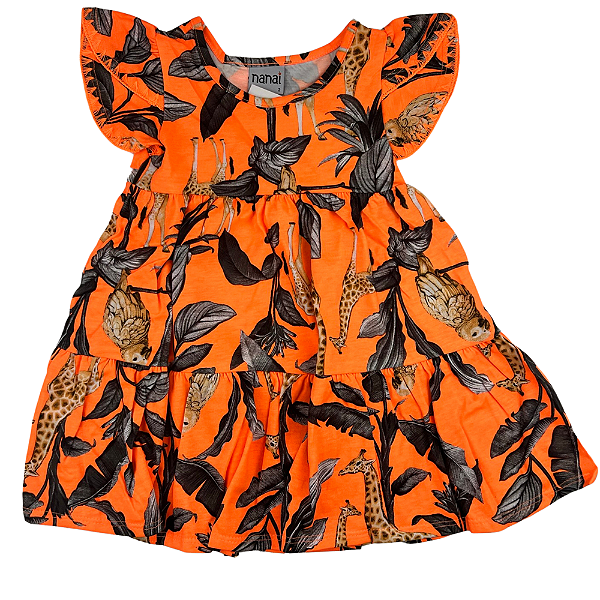 VESTIDO NANAI ESTAMPADO LARANJA NEON MANGA PRINCESA DETALHE MANGA TAMANHO 1 AO 8