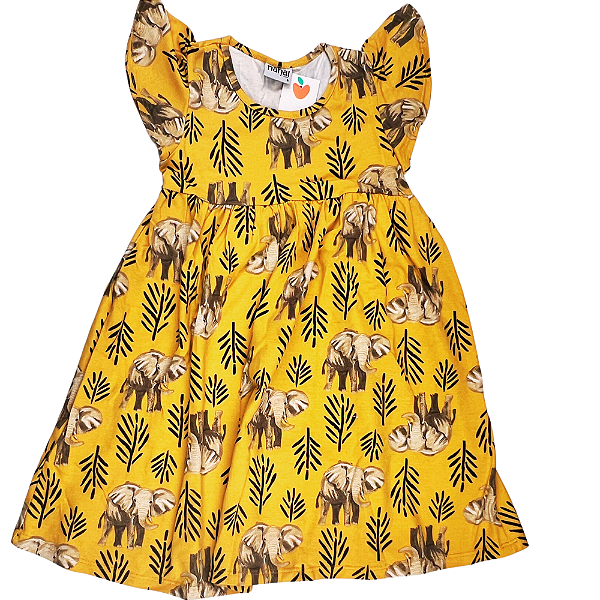 VESTIDO NANAI ESTAMPADO AMARELO QUEIMADO ELEFANTE  TAMANHO 1 AO 8