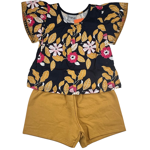 CONJ NANAI CROPPED + SHORTS AMARELO QUEIMADO FLORAL TAMANHO 1 AO 8