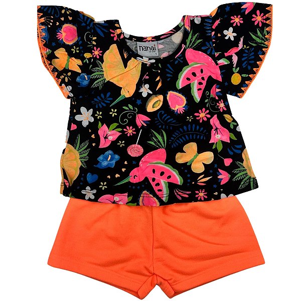 CONJ NANAI CROPPED + SHORTS SALMÃO NEON  TAMANHO 1 AO 8
