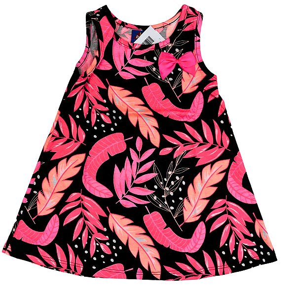 VESTIDO PIPA BY KYLY PRETO FOLHAGEM ROSA  TAM 1 AO 8