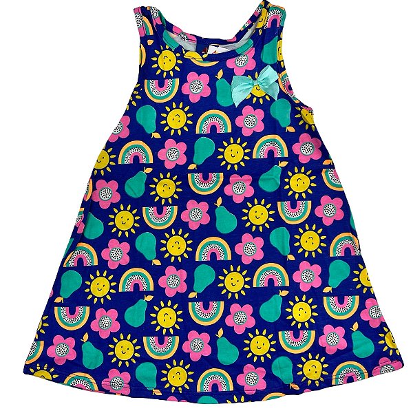 VESTIDO PIPA BY KYLY AZUL SOL E FLORES COLORIDOS TAM 1 AO 8