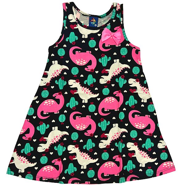 VESTIDO PIPA BY KYLY AZUL ESCURO DINOSSAUROS COM CORAÇÃO COM LAÇO ROSA