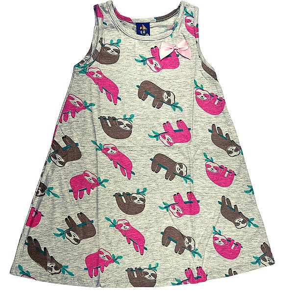 VESTIDO PIPA BY KYLY CINZA BICHO PREGUIÇA COM LAÇO ROSA