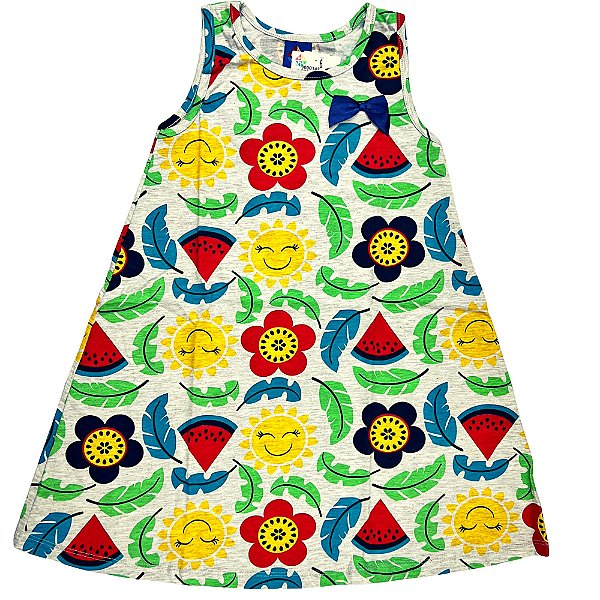 VESTIDO PIPA BY KYLY CINZA CLARO SOL FLORES COM LAÇO AZUL
