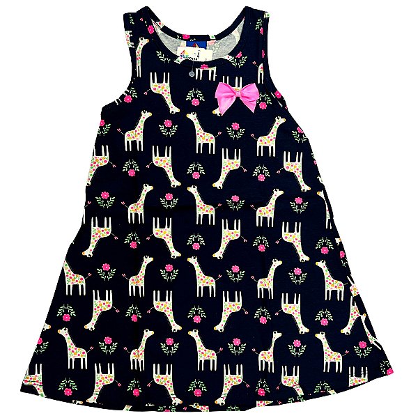 VESTIDO PIPA BY KYLY PRETA GIRAFA COM LAÇO ROSA