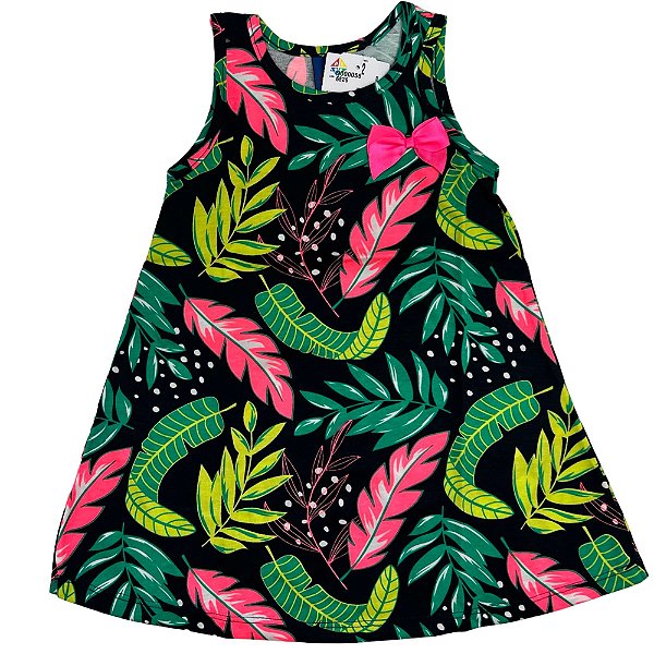 VESTIDO PIPA BY KYLY PRETO FOLHAGEM VERDE COM LAÇO ROSA