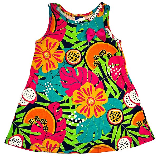 VESTIDO PIPA BY KYLY FLORESTA E FRUTAS COM LAÇO ROSA