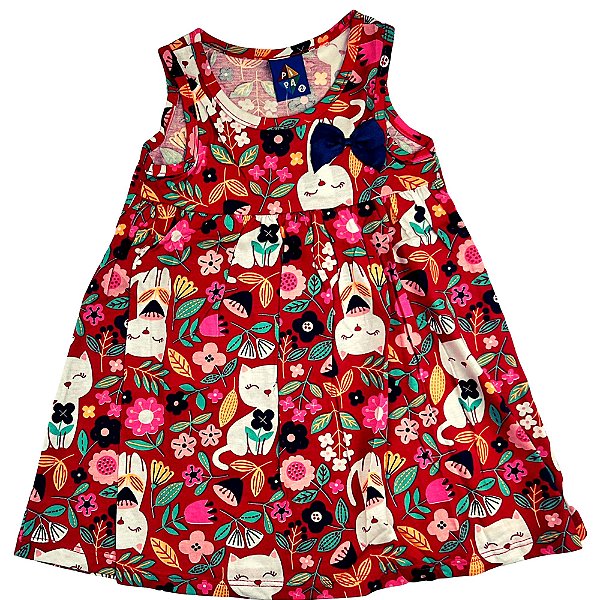 VESTIDO PIPA BY KYLY VERMELHO GATINHOS COM LAÇO AZUL
