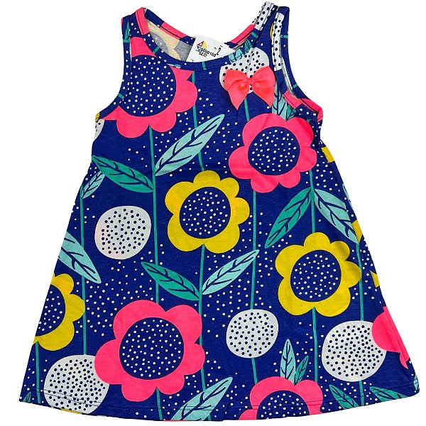 VESTIDO PIPA BY KYLY AZUL MARGARIDAS COM LAÇO ROSA