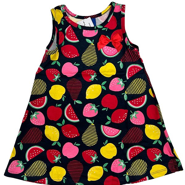 VESTIDO PIPA BY KYLY AZUL FRUTAS COM LAÇO VERMELHO