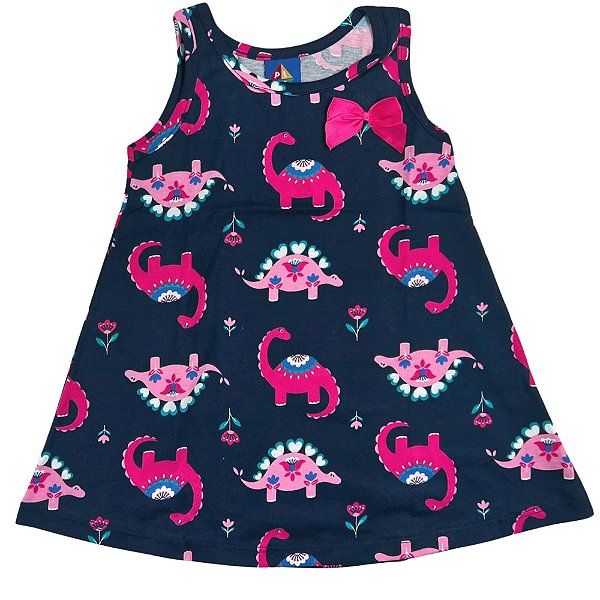 VESTIDO PIPA BY KYLY AZUL DINO BABIES COM LAÇO ROSA