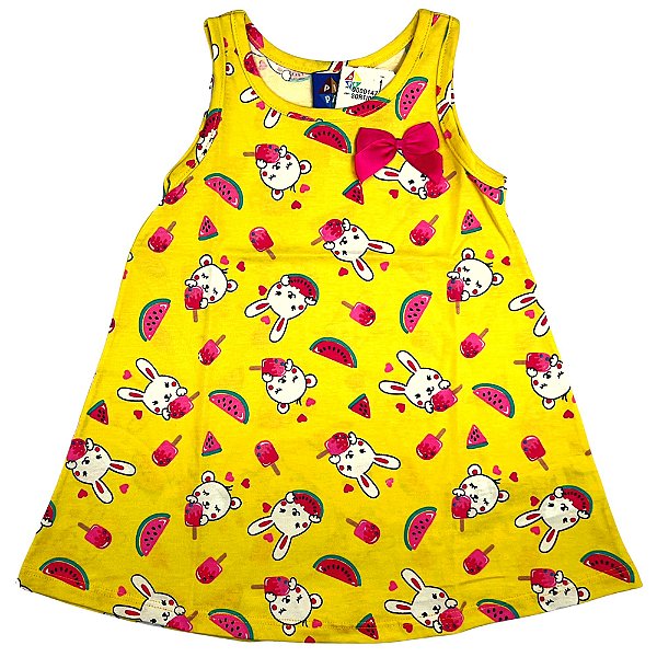 VESTIDO PIPA BY KYLY AMARELO COELHO COM SORVETE COM LAÇO ROSA