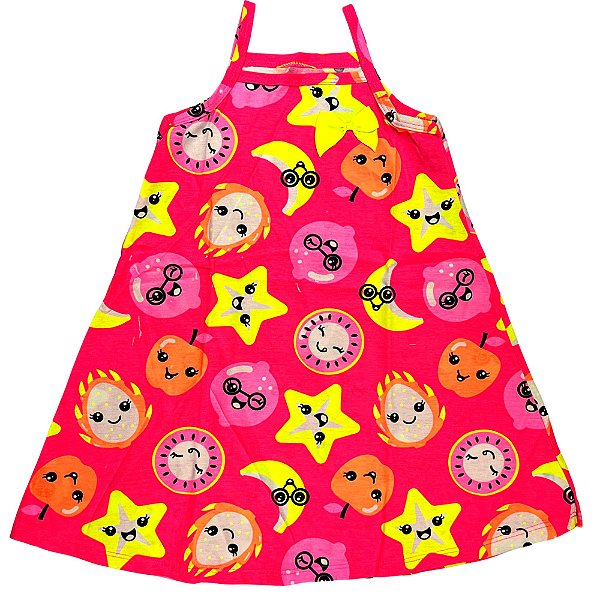 VESTIDO PIPA BY KYLY DE ALCINHA ROSA NEON ESTRELA E FRUTAS