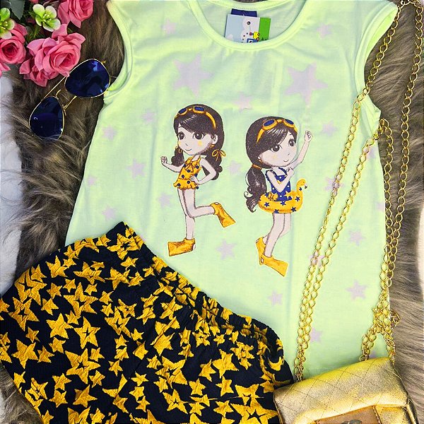 CONJ FEM PIPA BY KYLY GIRLS STAR AMARELO FLORESCENTE