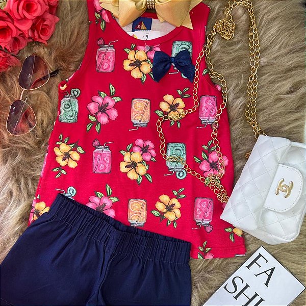 CONJ FEM PIPA BY KYLY FLOWERS VERMELHO LAÇO AZUL