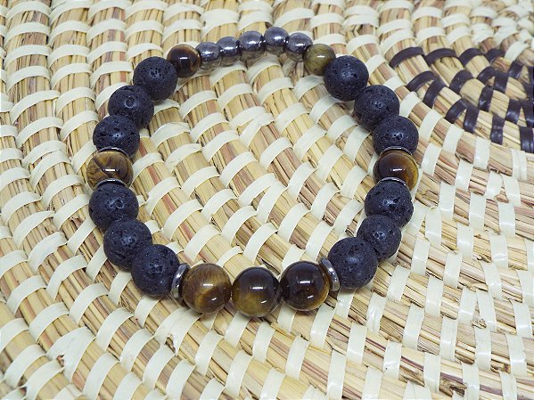 Pulseira - Olho de Tigre/ Hematita/ Pedra vulcânica