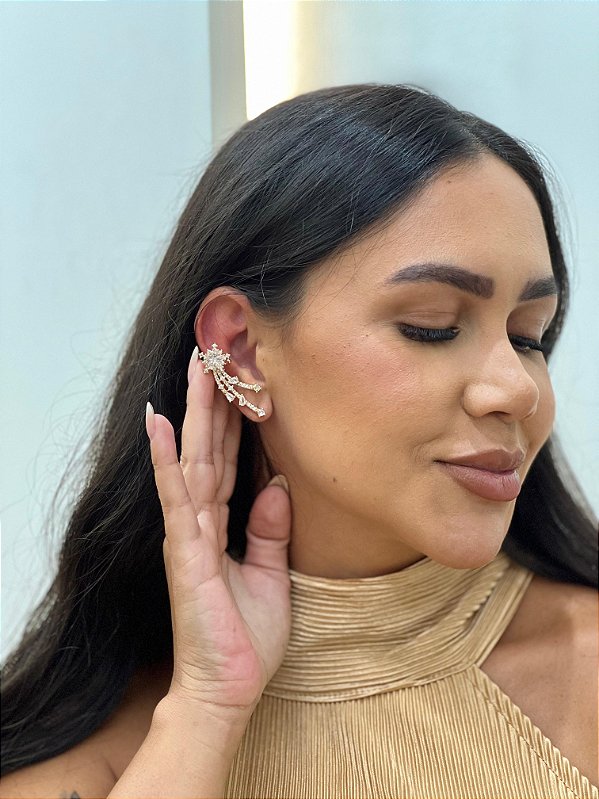 BRINCO EAR CUFF FOLHEADO ZIRCONIAS E ESTRELA