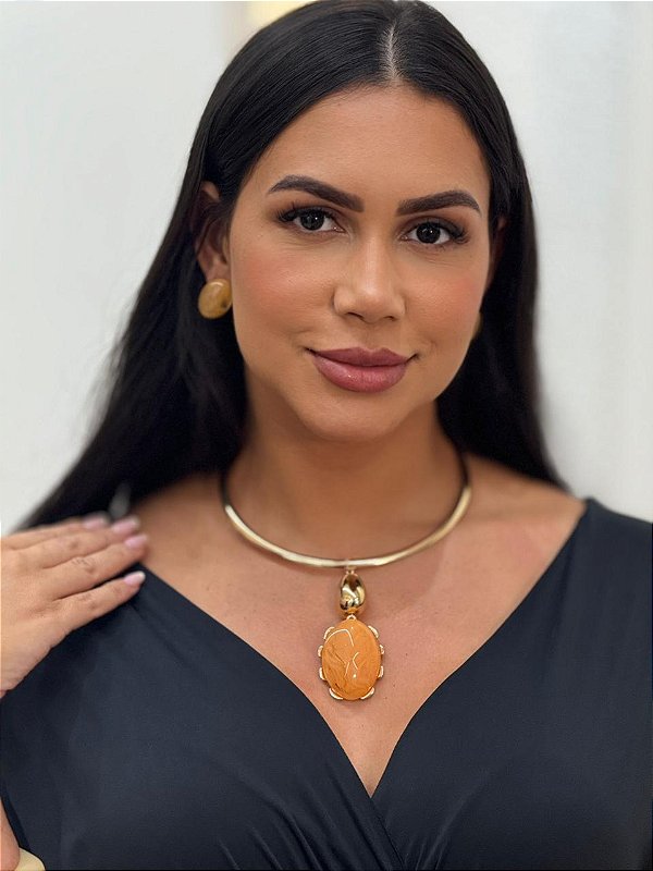 CONJUNTO FOLHEADO ARO OVAL RESINADO CITRINO