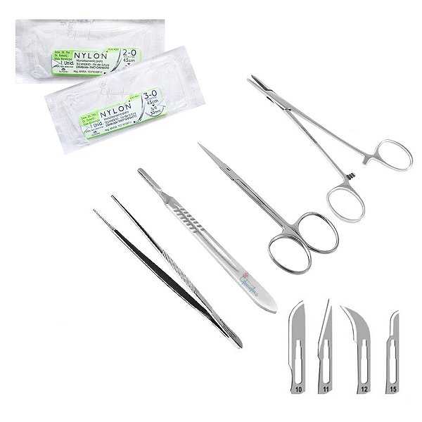 Kit Sutura Simples Aço Inoxidável P/ Estudante Porta Agulha + Pinça Anatomica Serrilha + Tesoura + Cabo Bisturi + Fios Sutura + Lamina