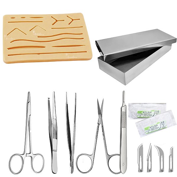 Kit Sutura Completo 14 itens Aço Inox ( Estojo Liso - Simulador de Pele, Tesoura , Porta Agulha, Pinça e Cabo Bisturi - Fio - Lâmina