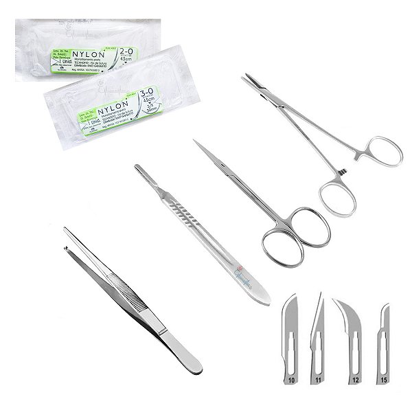 Kit Sutura Simples Aço Inoxidável P/ Estudante Porta Agulha + Pinça Dente Rato + Tesoura + Cabo Bisturi + Fios Sutura + Lamina