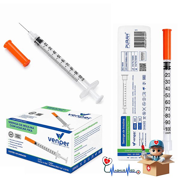 Seringa de Insulina Venper 1ml 100UI Agulha Fixa 8mm x 0,30mm