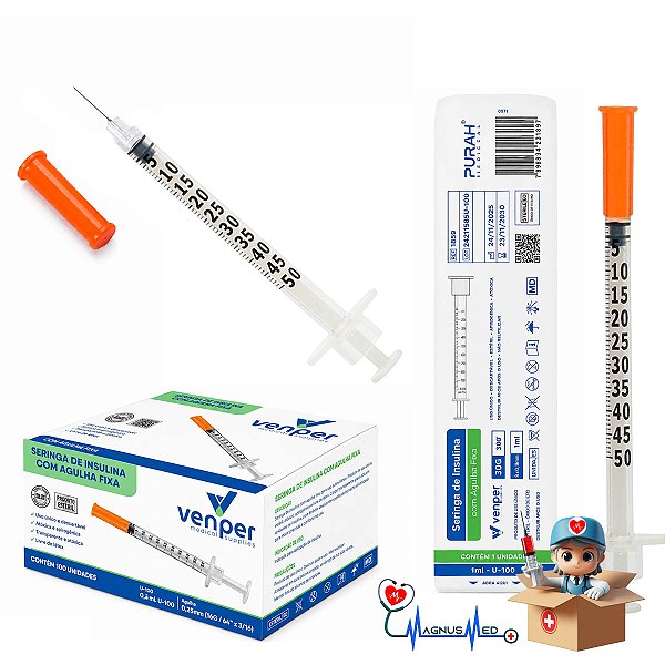 Seringa de Insulina Venper 0,5ml 50UI Agulha Fixa 6mm x 0,25mm
