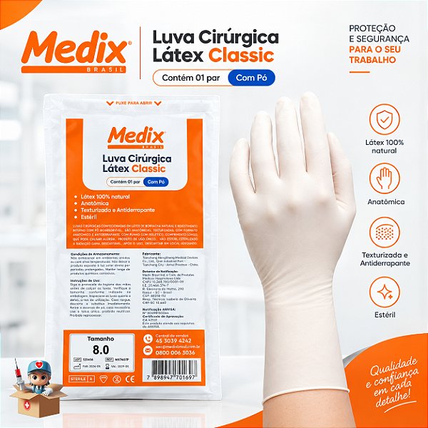 Luva Cirúrgica Estéril 8.0 Latex com Pó - Medix ( PAR )