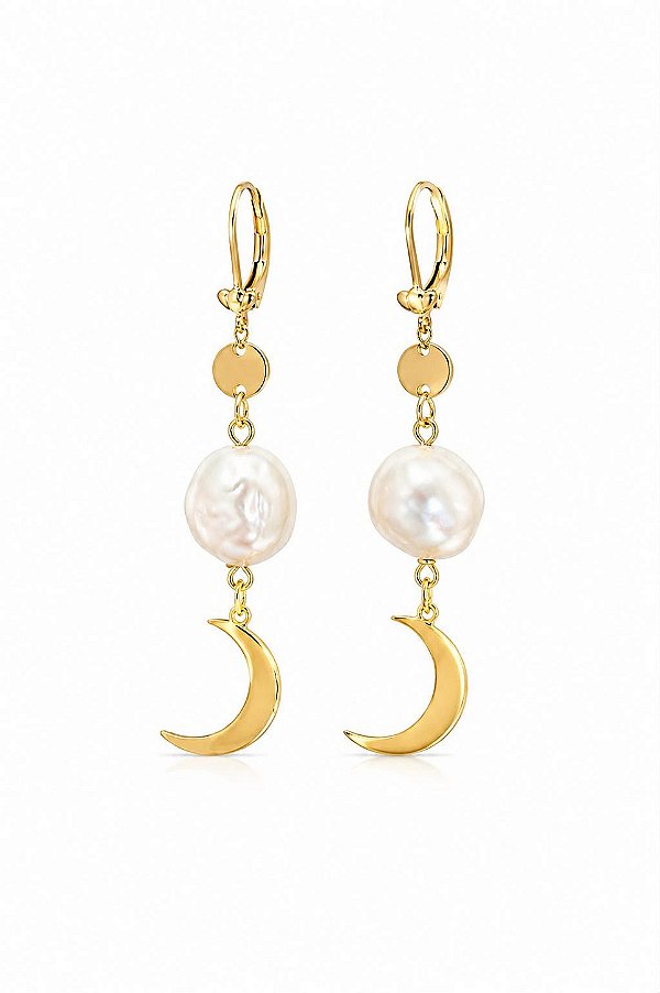 Brinco Pérola Com Pingente Lua- Banhado Em Ouro18k