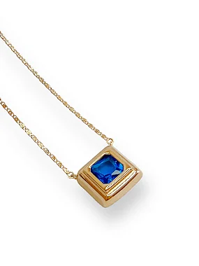 Colar Pedra Quadrada Cora Azul Safira - Folheado A Ouro18k