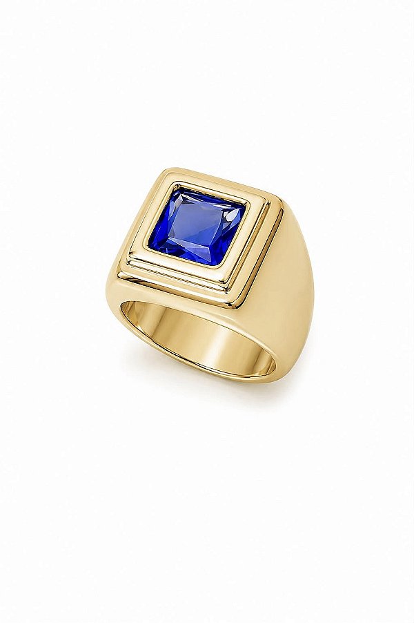 Anel Quadrado Com Pedra Azul Safira - Banhado Em Ouro18k