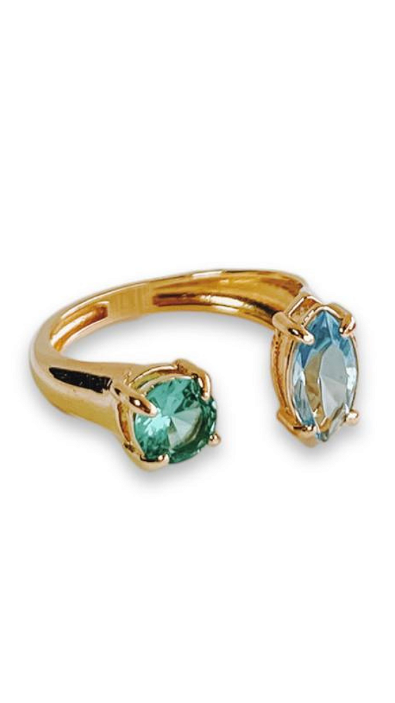 Anel Petra Com Cristais Azul e Verde - Banhado Em Ouro18k