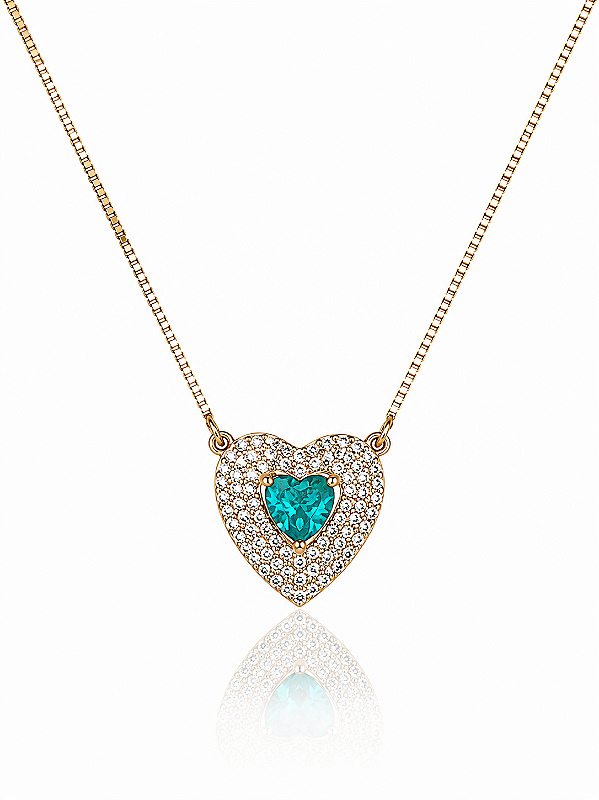 Colar Coração Cravejado Com Pedra Verde Turmalina - Banhado em Ouro18k