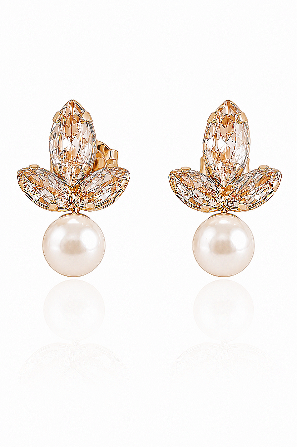 Brinco Pérola e Folhas Cravejadas- Banhado Em Ouro18k