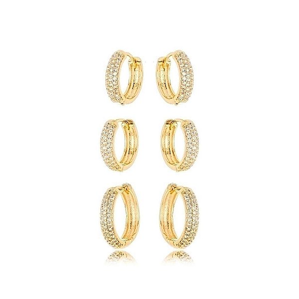 Trio  De Brincos Argolas Cravejadas- Banhado Em Ouro18k