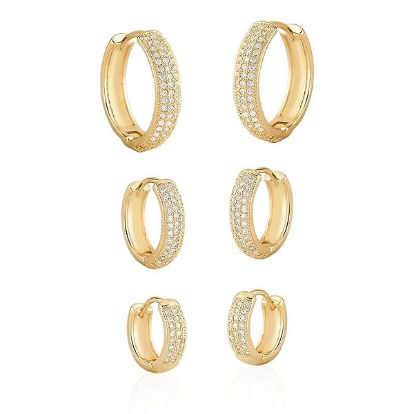 Trio De Brincos Argolas Cravejadas- Banhado Em Ouro18k